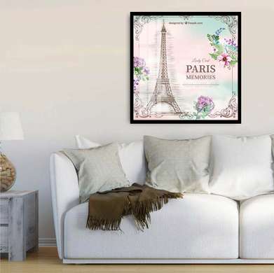 Постер - Эйфелева башня на нежном фоне, 100 x 100 см, Постер в раме, Прованс