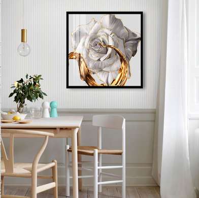 Poster - White flower with liquid gold, 100 x 100 см, Framed poster on glass, Flowers