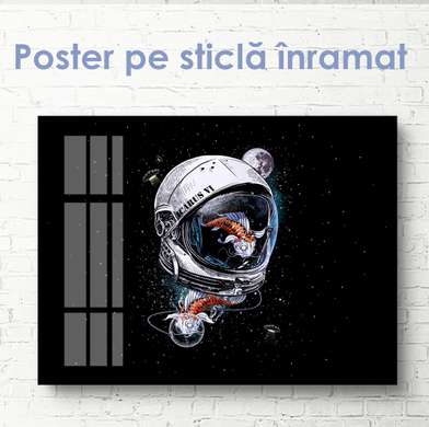 Постер - Скафандр космонавта и рыбки, 90 x 45 см, Постер на Стекле в раме, Минимализм