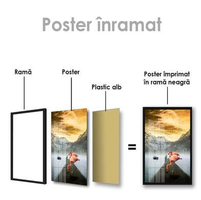 Poster, Flamingo pe fundalul munților, 30 x 60 см, Panza pe cadru, Animale