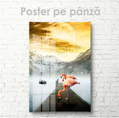 Постер, Фламинго на фоне гор, 30 x 60 см, Холст на подрамнике, Животные