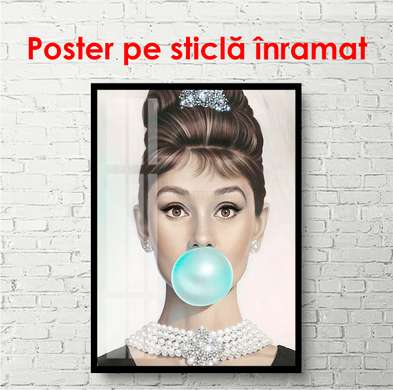 Poster - Fată suflând un balon, 60 x 90 см, 45 x 90 см, Poster inramat pe sticla, Persoane Celebre