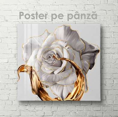 Poster - Floare albă cu aur lichid, 100 x 100 см, Poster inramat pe sticla