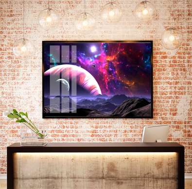 Poster - Earth against the background of a purple galaxy, 90 x 60 см, Framed poster, Nature