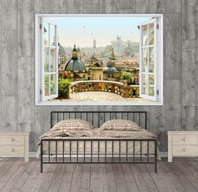 Наклейка на стену - Окно с видом на прекрасный город, Имитация окна, 130 х 85