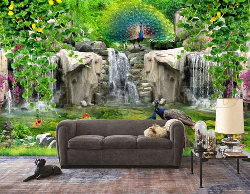 Wall Mural - Peacocks and a waterfall in a green park