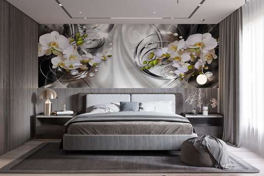 Wall mural - White orchids with diamonds on a silver background