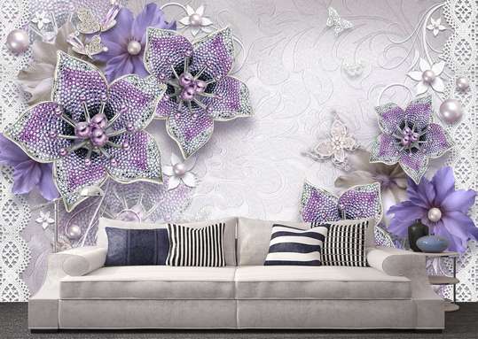 3D Wallpaper - Purple flowers with gems on a gray background