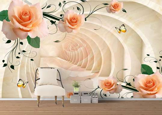 3D Wallpaper - Beige roses on the background of the tunnel