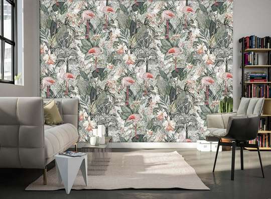 Wall Mural - Pink flamingos on a background of palm trees