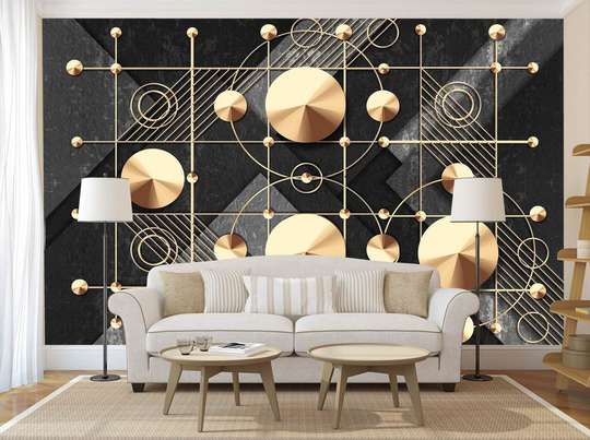 Wall Mural - Golden circles and lines on a black background