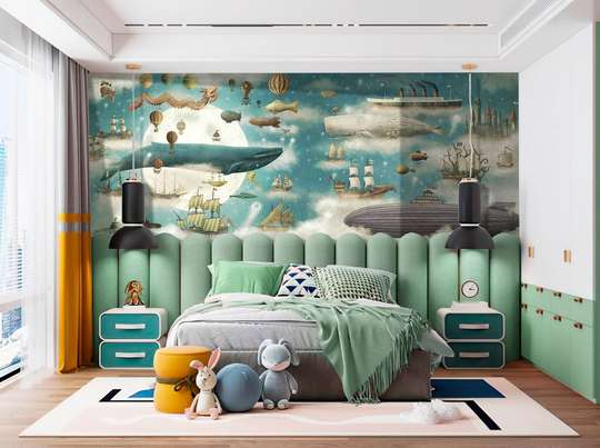 Nursery Wall Mural - Ships and whales in the clouds with the moon