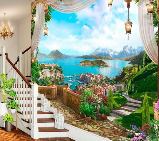 Wall Mural - Garden with lake and mountain views