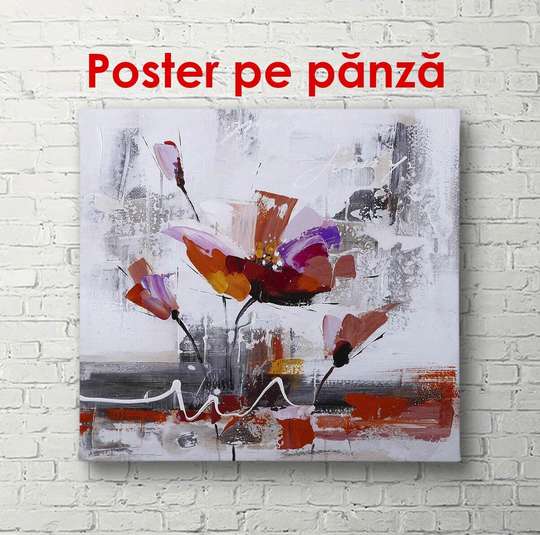 Постер - Абстрактный красный цветок на сером фоне, 100 x 100 см, Постер в раме, Абстракция