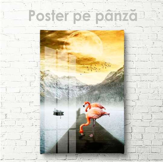 Poster, Flamingos on the background of mountains, 30 x 60 см, Canvas on frame, Animals