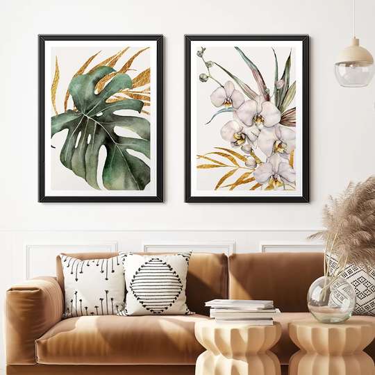 Poster - Leaves and White Orchids, 60 x 90 см, Framed poster on glass