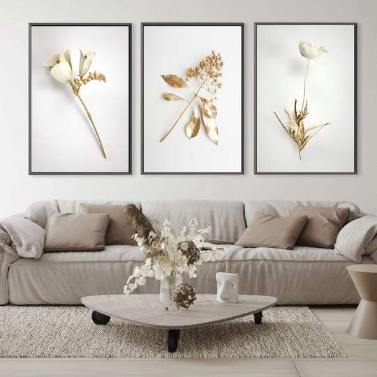 Poster - White flowers and golden leaves 4, 60 x 90 см, Framed poster on glass, Sets