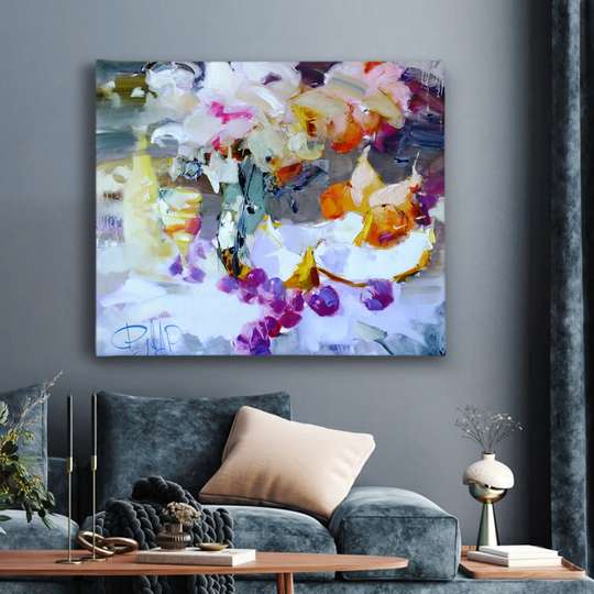 Poster - Pictură abstractă cu detalii violet, 100 x 100 см, Poster înrămat, Natură Moartă
