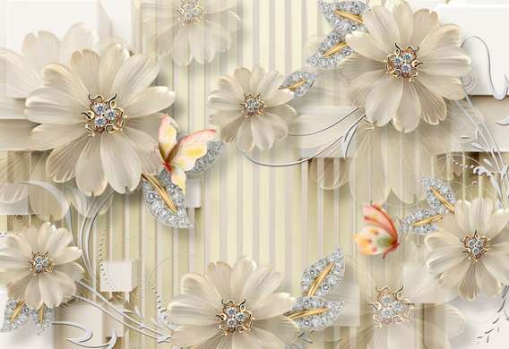 Ширма - Белые цветы с драгоценными камнями и бабочками, 7