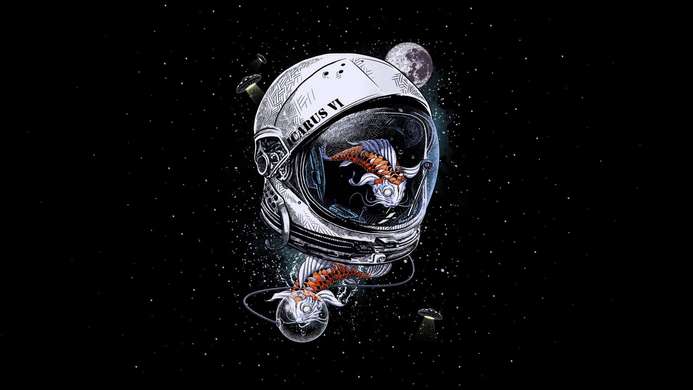 Poster - Astronaut suit and fish, 90 x 45 см, Framed poster on glass, Minimalism