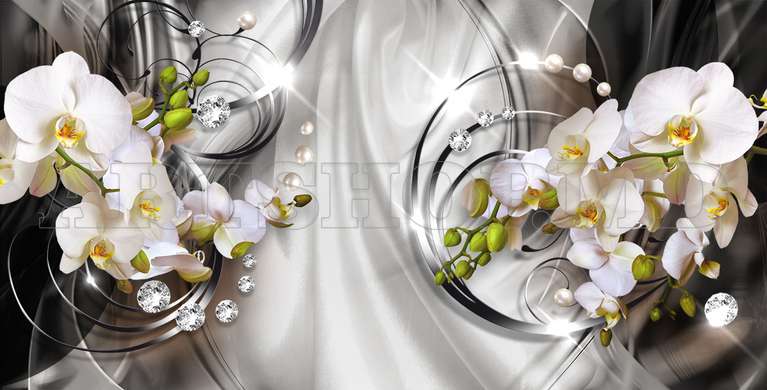 Wall mural - White orchids with diamonds on a silver background