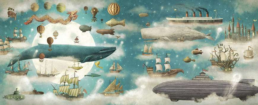 Fototapet - Nave și balene în nori cu luna