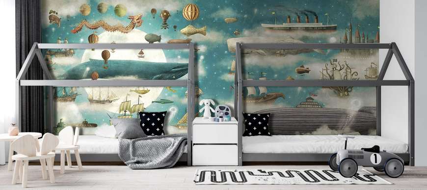 Nursery Wall Mural - Ships and whales in the clouds with the moon