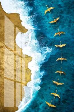 Poster - Stol de păsări aurii peste mare, 30 x 45 см, Panza pe cadru, Tema Marină