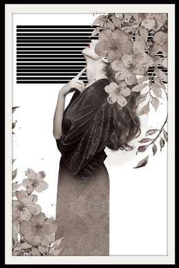 Постер - Девушка коричневого цвета набелом фоне, 60 x 90 см, Постер в раме, Винтаж
