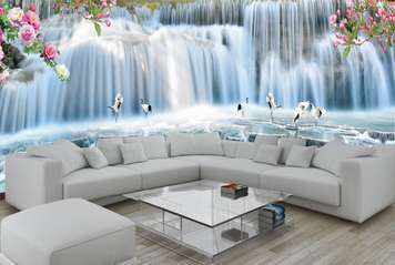 Wall Mural - Beautiful blue waterfall with a lake and storks.