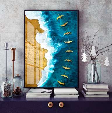Poster - Stol de păsări aurii peste mare, 30 x 45 см, Panza pe cadru, Tema Marină