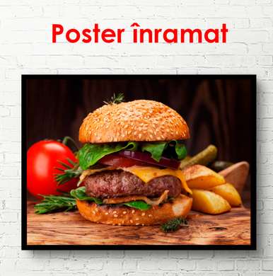 Poster - Burger with fries, 90 x 60 см, Framed poster on glass, Food and Drinks