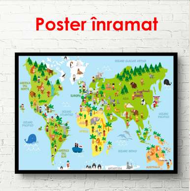 Poster - Harta lumii cu continente verzi, 90 x 60 см, Poster inramat pe sticla, Orașe și Hărți