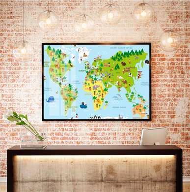 Постер - Детская Карта Мира с зелеными материками, 90 x 60 см, Постер в раме, Города и Карты