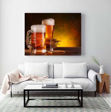 Poster - Two glasses of beer on a brown background, 90 x 60 см, Framed poster