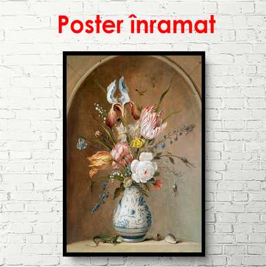 Постер - Натюрморт из вазы с цветами на фоне арочной стены, 60 x 90 см, Постер в раме, Натюрморт
