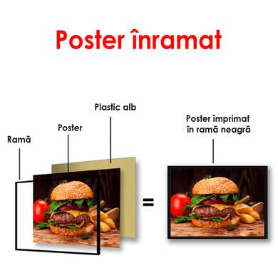 Постер - Бургер с картошкой, 90 x 60 см, Постер в раме, Еда и Напитки