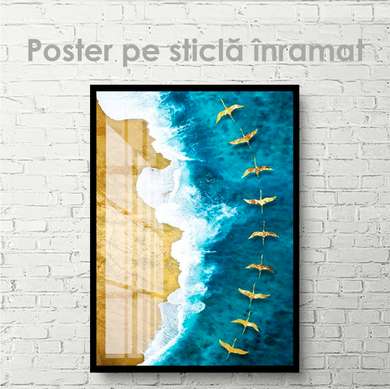 Poster - Flock of golden birds over the sea, 30 x 45 см, Canvas on frame, Marine Theme