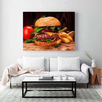 Poster - Burger cu cartofi prăjiți, 90 x 60 см, Poster înrămat, Alimente și Băuturi