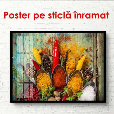 Постер - Яркие и ароматные специи в ложках, 60 x 40 см, Постер на Стекле в раме, Еда и Напитки