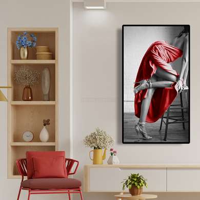 Постер - Красная юбка, 45 x 90 см, Постер на Стекле в раме, Ню