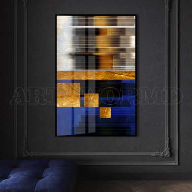 Poster - Golden squares on abstract blue background, 60 x 90 см, Framed poster, Abstract