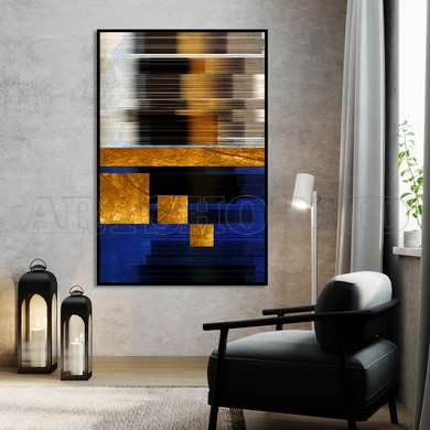 Poster - Golden squares on abstract blue background, 60 x 90 см, Framed poster on glass, Abstract