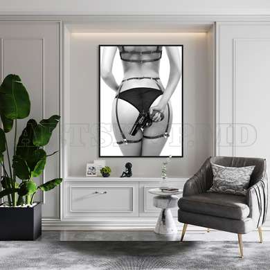 Poster - Girl with a Gun, 60 x 90 см, Framed poster on glass, Nude