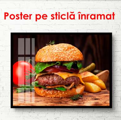 Poster - Burger with fries, 90 x 60 см, Framed poster