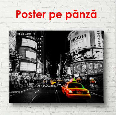 Poster - Yellow taxi in the night city, 90 x 60 см, Framed poster, Black & White