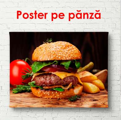 Постер - Бургер с картошкой, 90 x 60 см, Постер в раме, Еда и Напитки