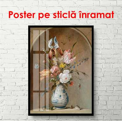 Poster - Still life from a vase with flowers on the background of an arched wall, 60 x 90 см, Framed poster, Still Life