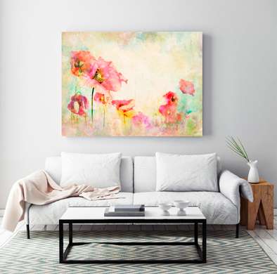 Poster - Poppies on a gentle background, 45 x 30 см, Canvas on frame, Botanical