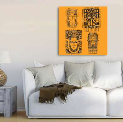 Постер - Этнографический рисунок в африканском стиле, 100 x 100 см, Постер на Стекле в раме